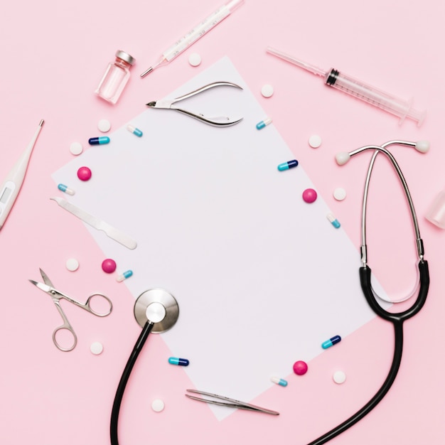 Pills and medical supplies around paper sheet