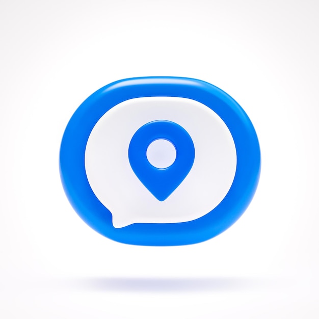Pin navigation map location icon sign symbol button on blue speech bubble on white background 3D rendering