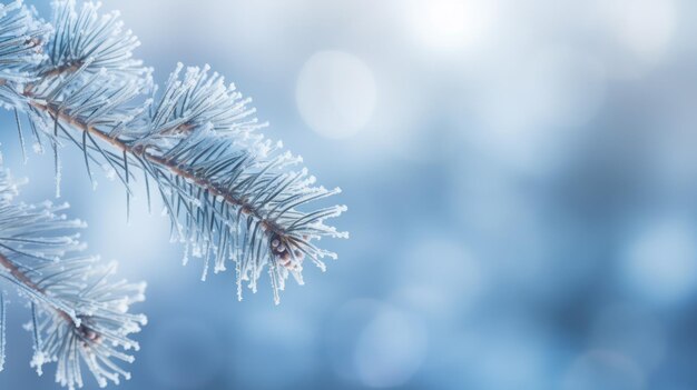 A pine branch covered in frost reaches out from the side its snowy needles contrasting with the winter sky