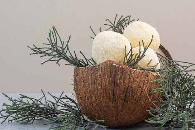 Pine branch, tasty shortbread and coconut, on the marble.