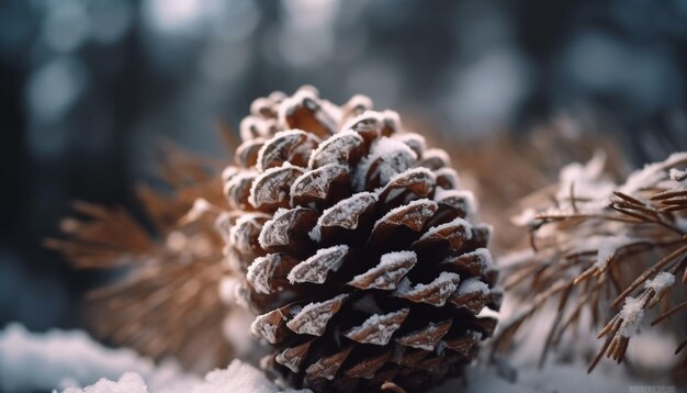 Pine cone decoration on frosty winter table generated by AI