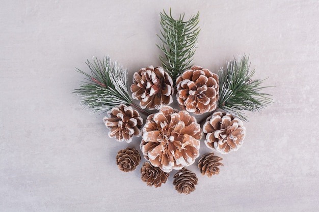 Free photo pine cones and branches on white table