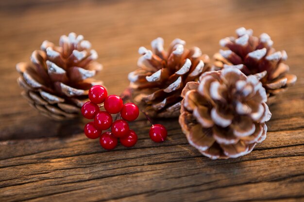 Pine cones on a wooden table