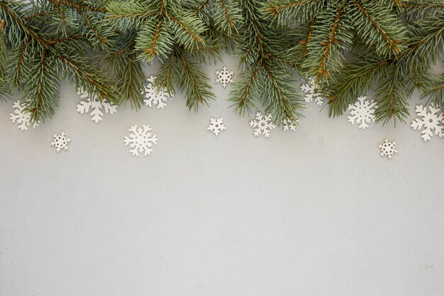 Pine needles on grey background with snowflakes