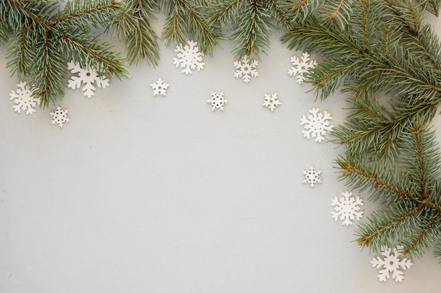 Pine needles on snowflakes background