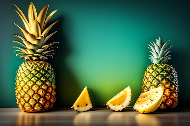 Pineapples on a table with a green background