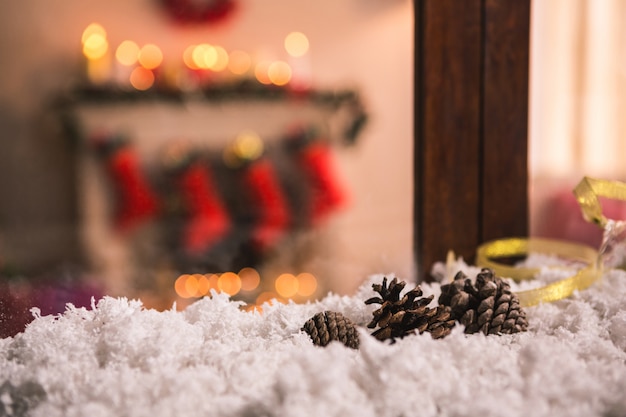 Pinecones on fake snow