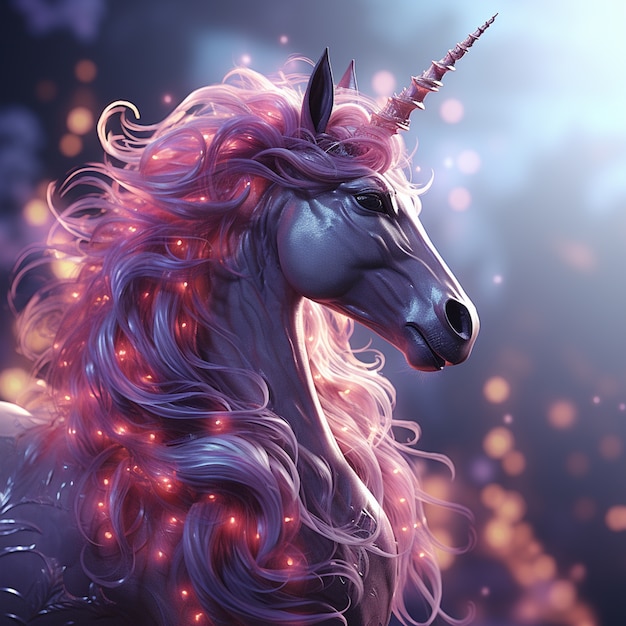 Unicorno mitico rosa 3d con luci nella criniera