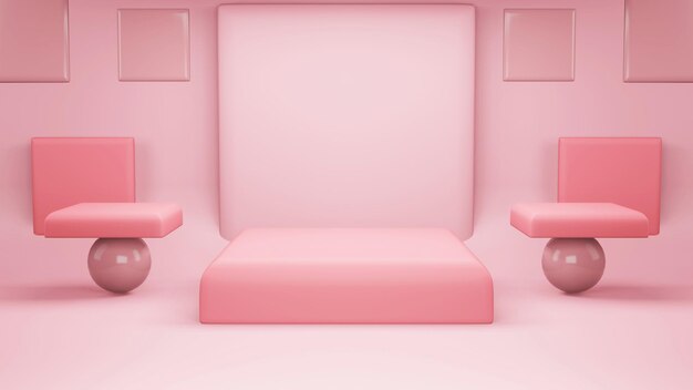 ピンクの抽象的な幾何学形状の背景ピンクの表彰台ミニマリスト化粧品または別の製品の3Dレンダリングのシーンをモックアップ