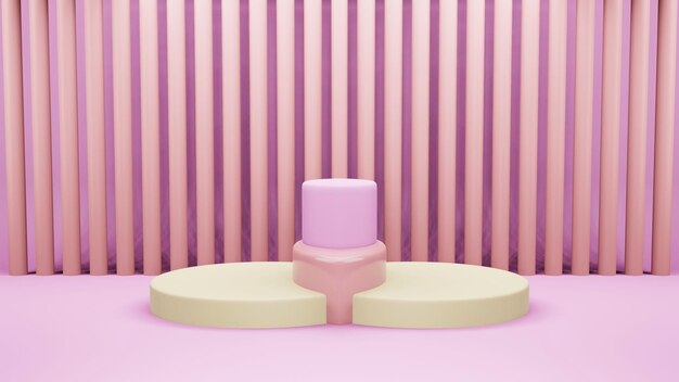 ピンクの抽象的な幾何学形状の背景黄色とピンクの表彰台ミニマリスト化粧品または別の製品の3Dレンダリングのシーンをモックアップ