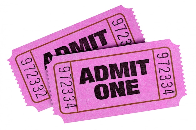 Pink admit one tickets isolated on white