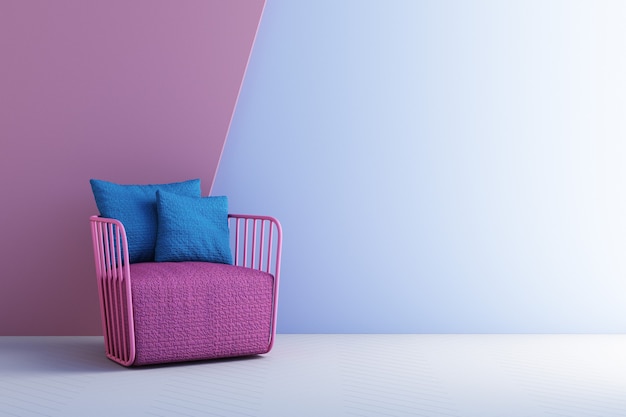 Розовые и синие цветные стулья, диван, кресло в пустой фон. окружение геометрической формой концепция минимализма и инсталляционное искусство. 3d рендеринг макет