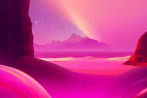 Бесплатное фото Розовый и фиолетовый фон с горой и планетой