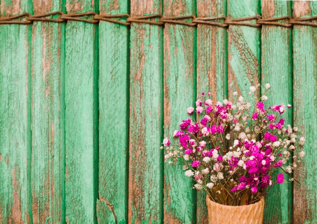 Pink baby's-breath flowers against wooden shutters background