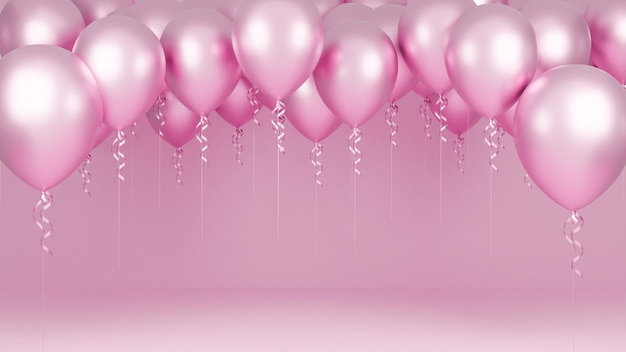 Розовые воздушные шары, плавающие в розовой пастельной предпосылке. день рождения и новый год концепции. 3д модель и иллюстрация.