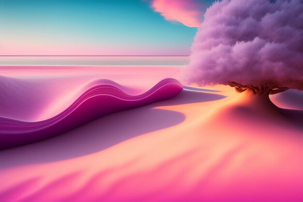 A pink beach scene with a tree and a cloud in the sky.