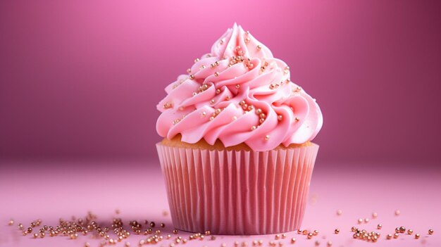ピンクの背景にピンクの誕生日分離カップケーキ