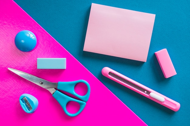 Free photo pink and blue essential stationery