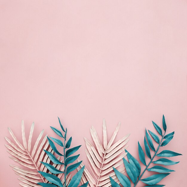 Pink and blue leaves on pink background with copyspace on top side