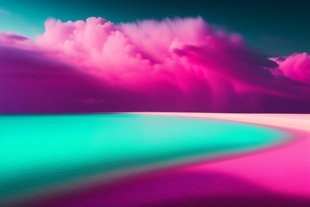 A pink and blue sky with a green background and a pink cloud.