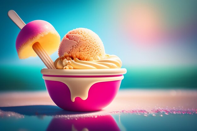 A pink bowl of ice cream with a scoop of ice cream on top.