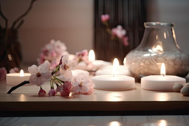 Pink candles with pink flowers and zen stones on bathroom Beauty spa treatment and relax concept Ai generative
