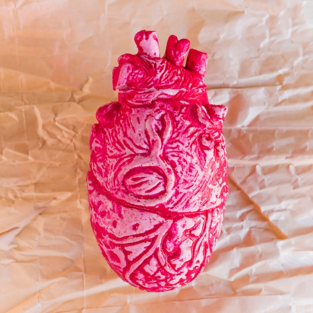 Free photo pink ceramic human heart on paper