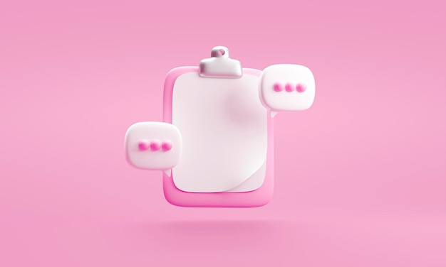 Бесплатное фото План буфера обмена pink checklist и речевой пузырь или значок формы отчета или символ мультфильма 3d рендеринг