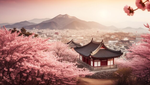 Pink cherry blossoms adorn famous mountain pagoda generated by AI