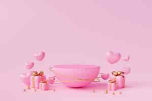 Foto gratuita podio cilindro rosa con cuori e piedistallo scatola regalo rosa display prodotto 3d rendering