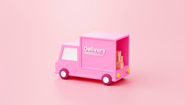 Розовый автомобиль доставки доставляет экспресс с картонными коробками, мультяшная концепция доставки и транспортировки на розовом фоне 3d-рендеринга