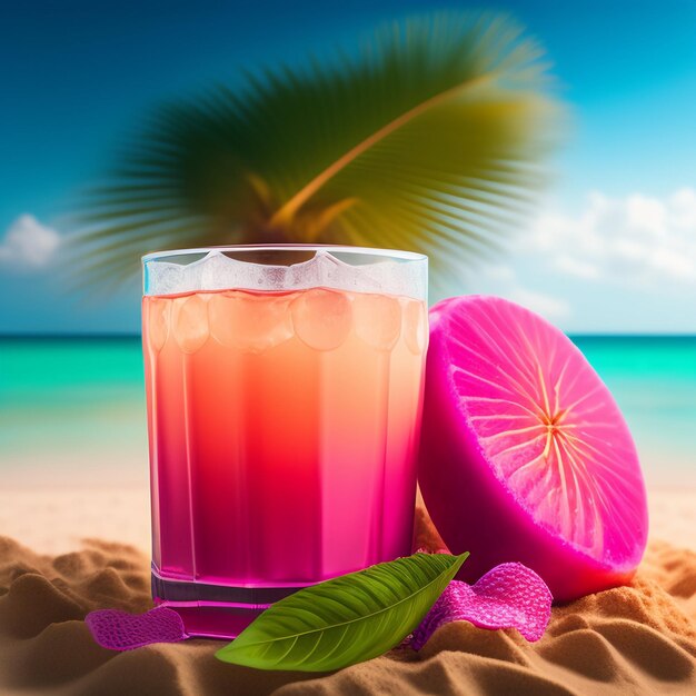A pink drink with a palm tree in the background