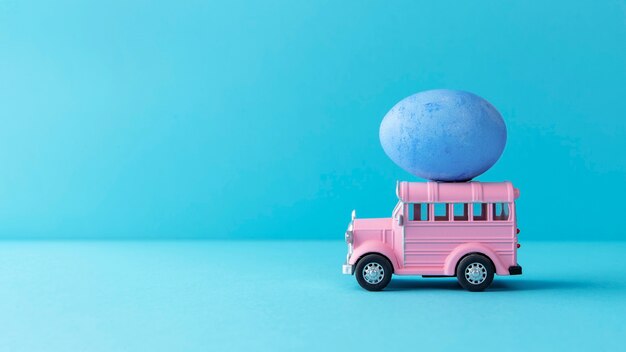 青い卵の静物画とピンクのイースター車