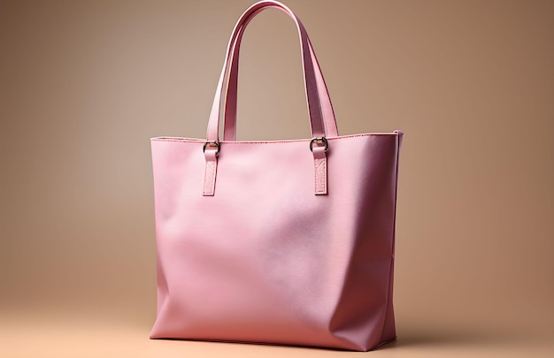 pink empty mockup blank tote bag over light beige background