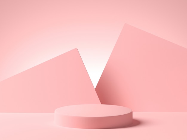 Pink empty platform with pink geometric shapes on background. minimalist style, copy space. 3d rendering