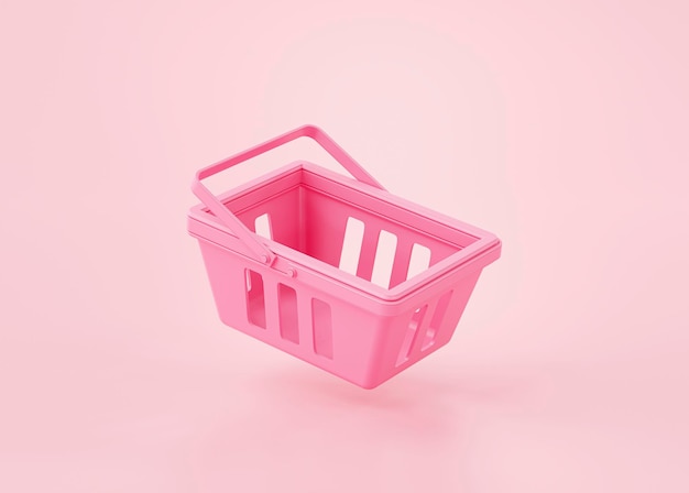 분홍색 배경 3d 렌더링에 분홍색 빈 쇼핑 바구니 온라인 쇼핑 개념