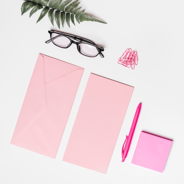 Pink envelope; paper; adhesive note; pen; paper clips; eyeglasses and fern on white background