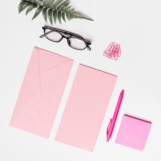 Розовый конверт; бумага; клейкая нота; ручка; скрепки; очки и папоротник на белом фоне