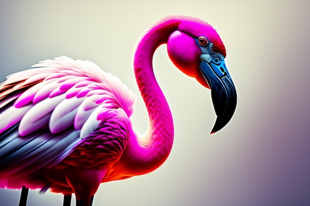A pink flamingo with a blue beak and a black beak