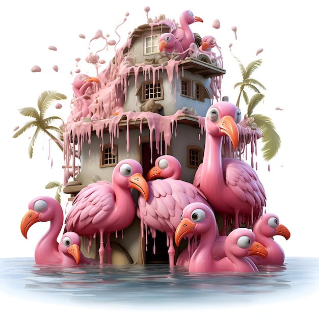 Free photo pink flamingos in front of a house 3d illustration