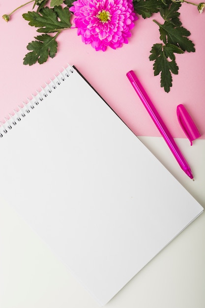 Fiore rosa; penna e blocco note a spirale vuota su doppio fondale