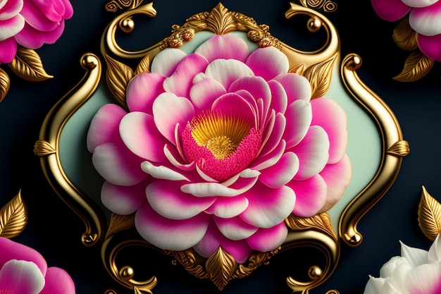 A pink flower with gold trim sits on a blue background.