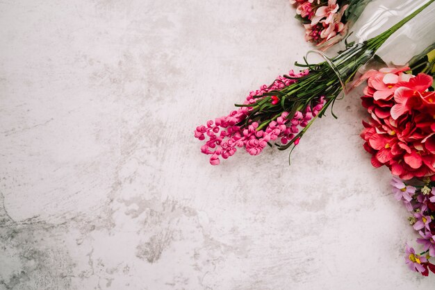 Pink flowers in vase on textured background