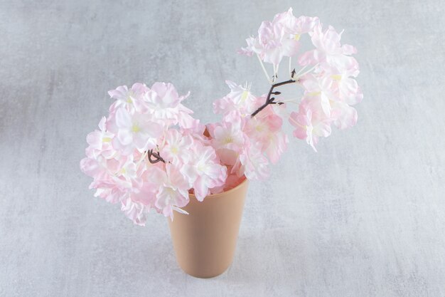 Pink flowers in a vase , on the white background.