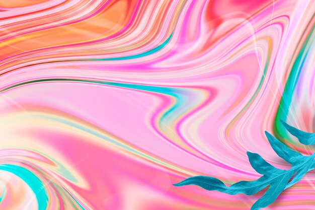 Pink fluid art background with leaf