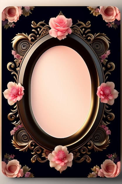 Free photo a pink frame with pink flowers on it is a gold frame with a black background.