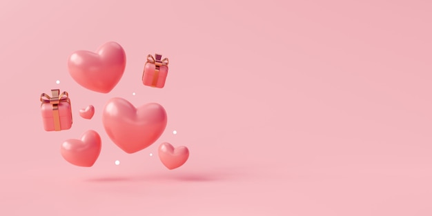 핑크색 배경 3d 렌더링에 골드 리본과 하트 로맨틱 배너 러브 컨셉이 있는 핑크색 선물 상자