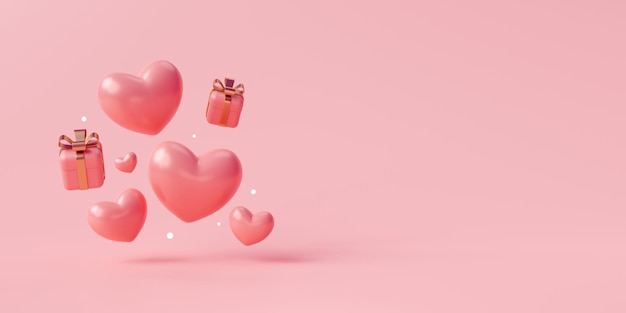 Pink gift box with gold ribbon and heart romantic banner love concept on pink background 3D rendering