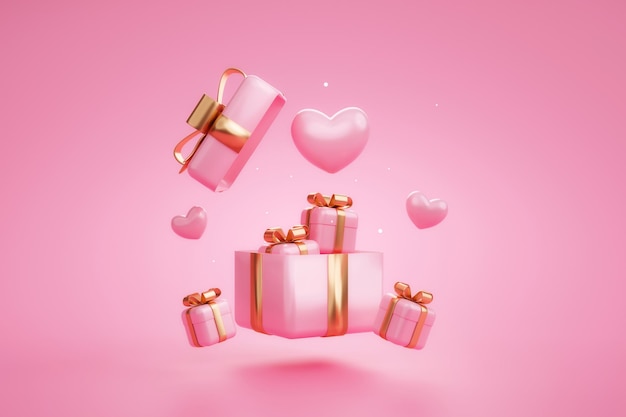 분홍색 배경 3D 렌더링에 금색 리본과 하트 발렌타인 러브 컨셉이 있는 분홍색 선물 상자