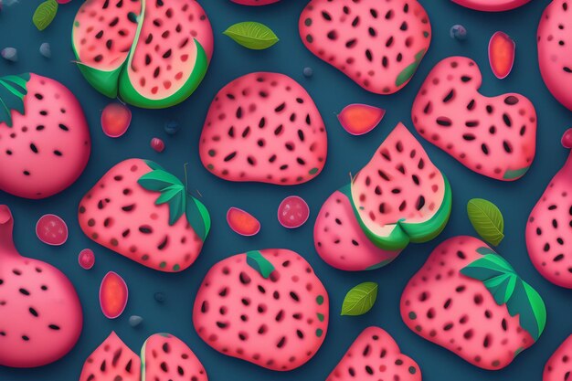 A pink and green strawberry background with a blue background.